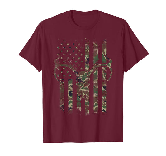 Camo American Flag Deer Skull Elk Hunting USA Hunter Gift T-Shirt