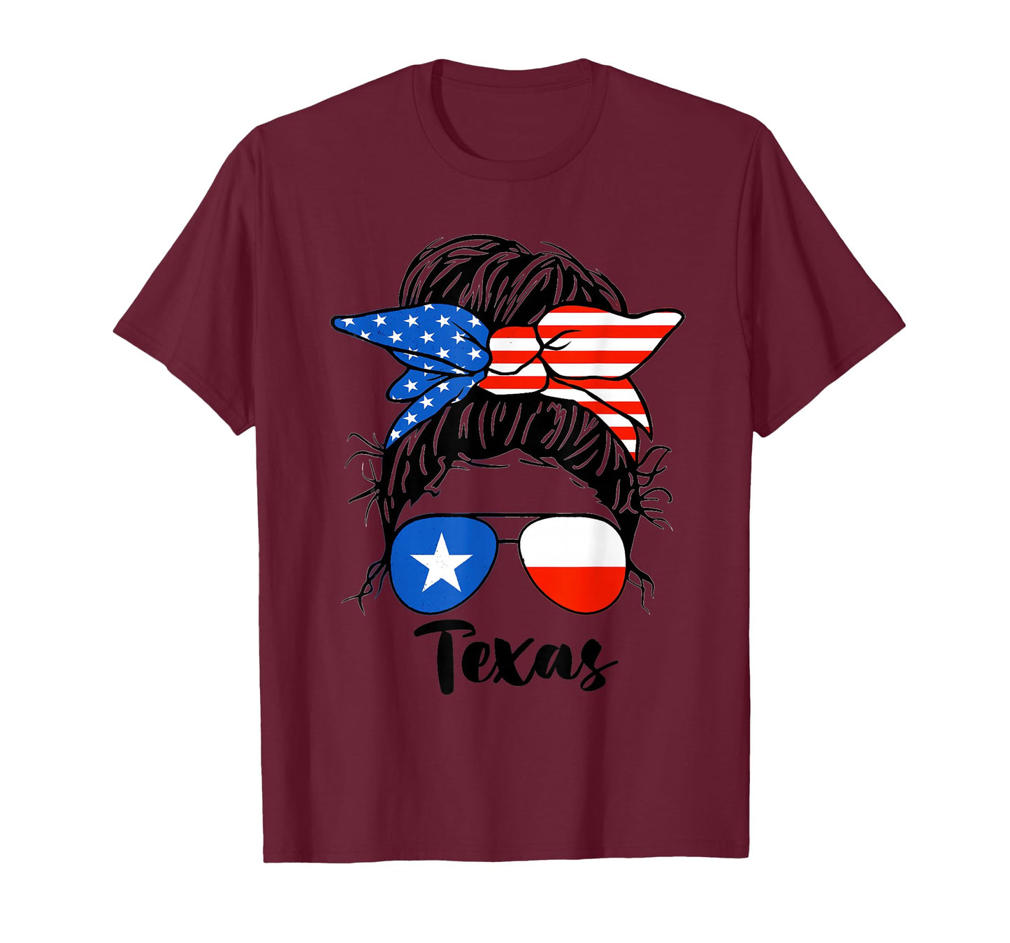 Texas State Flag Sunglasses Mom Messy Bun Hair Girl T-Shirt