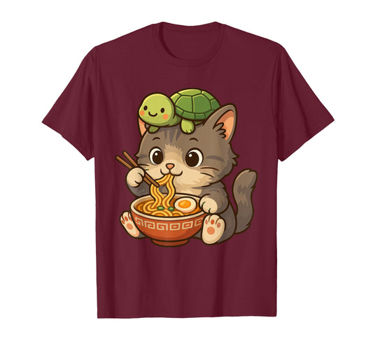 Cute Cat Eating Ramen, for Kids & Turtle | Kawaii Kitten T-Shirt