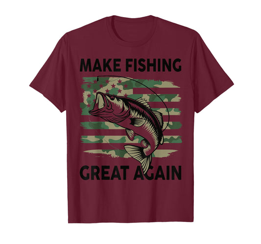 Funny Make Fishing Great Again Camo Bass Fish American Flag T-Shirt