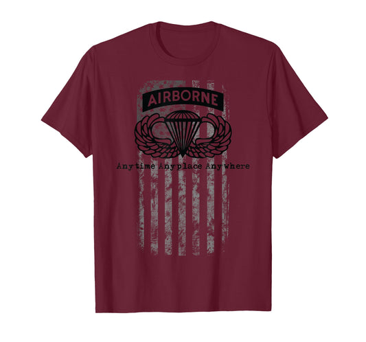 Airborne Paratrooper Black Jump Wings Airborne Tab with Flag T-Shirt