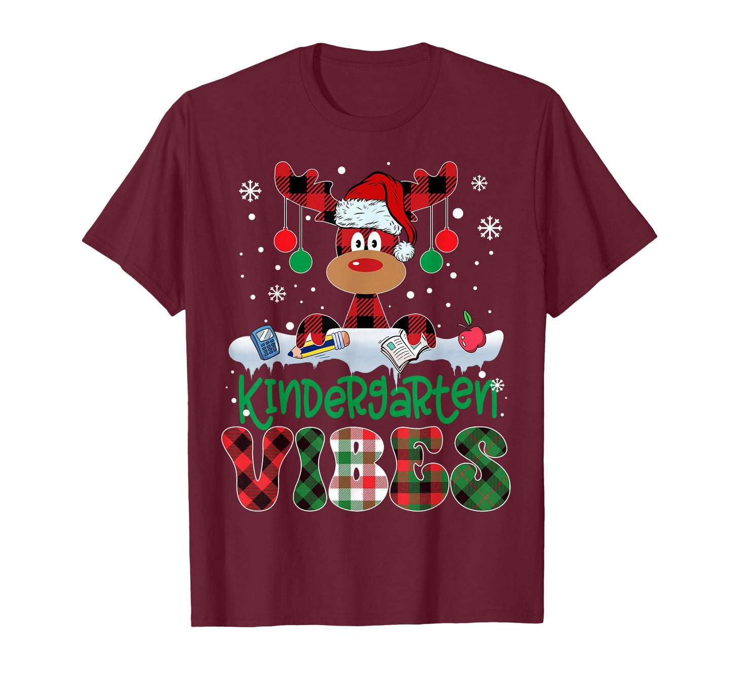 Kindergarten Vibes Teacher Buffalo Plaid Reindeer Christmas T-Shirt