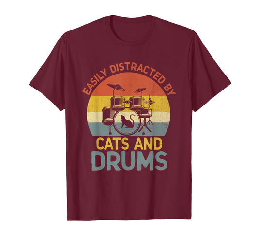 Easily Distracted By Cats And Drums Drummer Drumming Cat T-Shirt