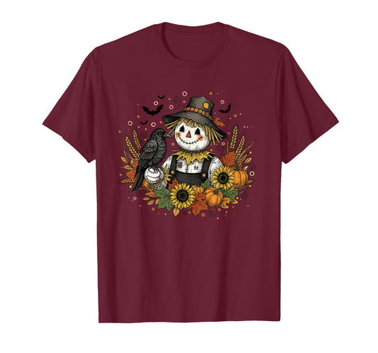 Cute Autumn Scarecrow with Sunflowers and Crow Art T-Shirt