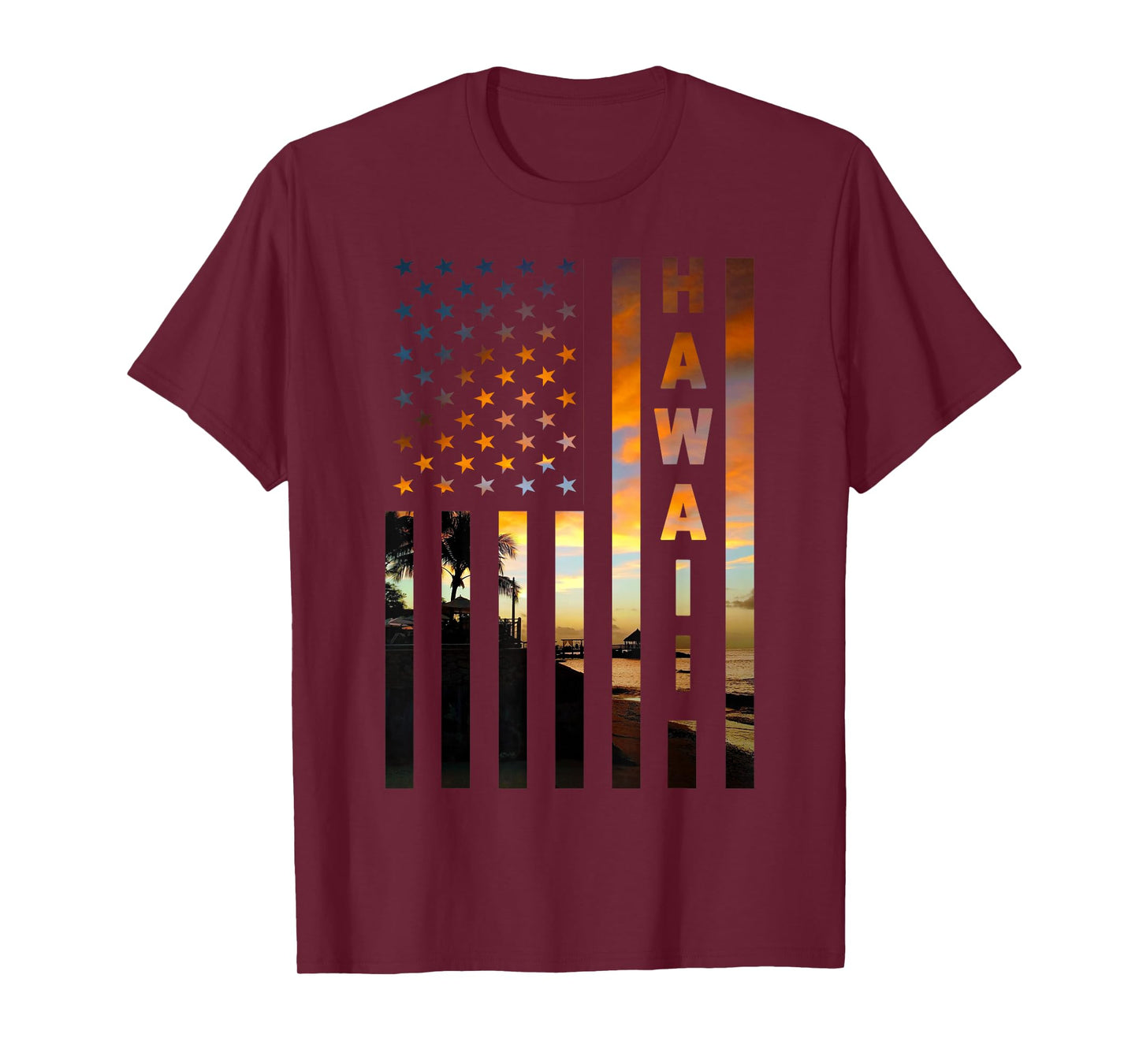 Hawaii Sunset American Flag Honolulu Hawaiian Island T-Shirt