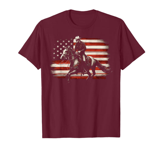 Western Cowboy 4th of July Vintage USA Flag Patriotic T-Shirt