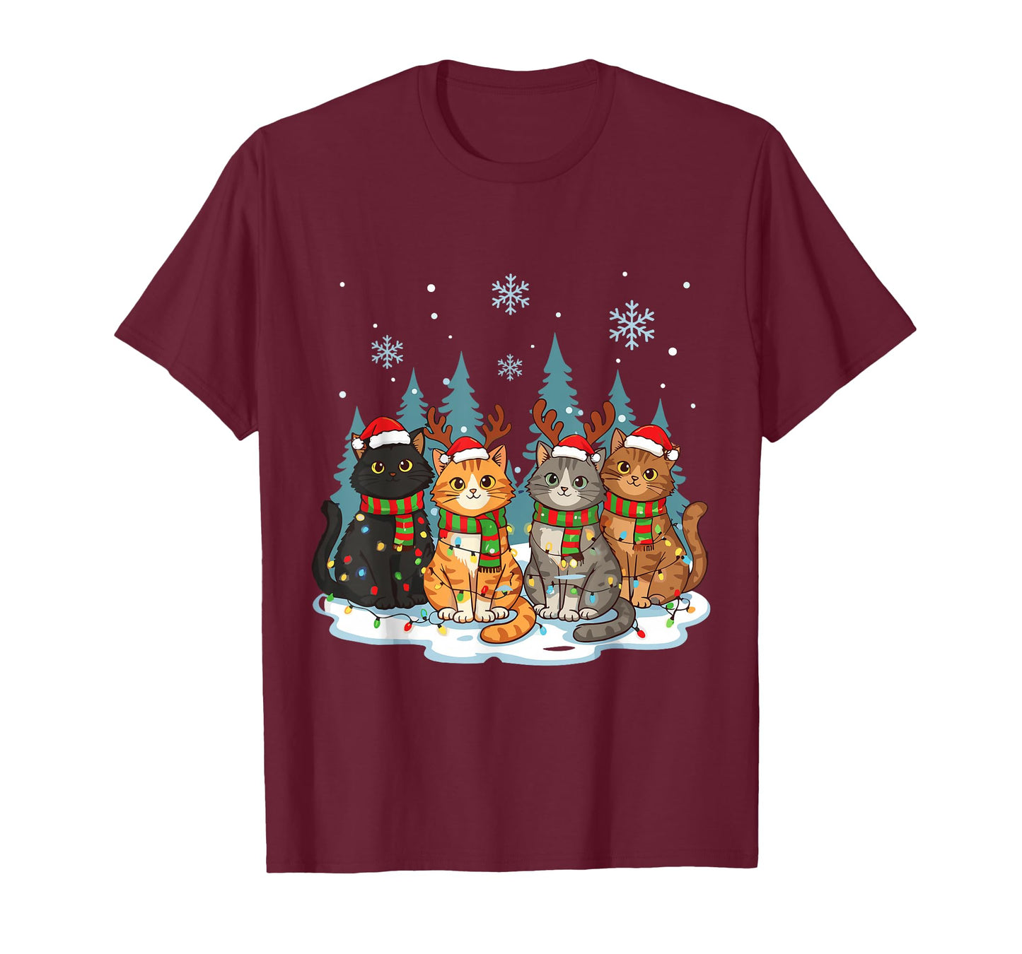 Cute Christmas Cats Funny Holiday Kitten Lights Sant T-Shirt