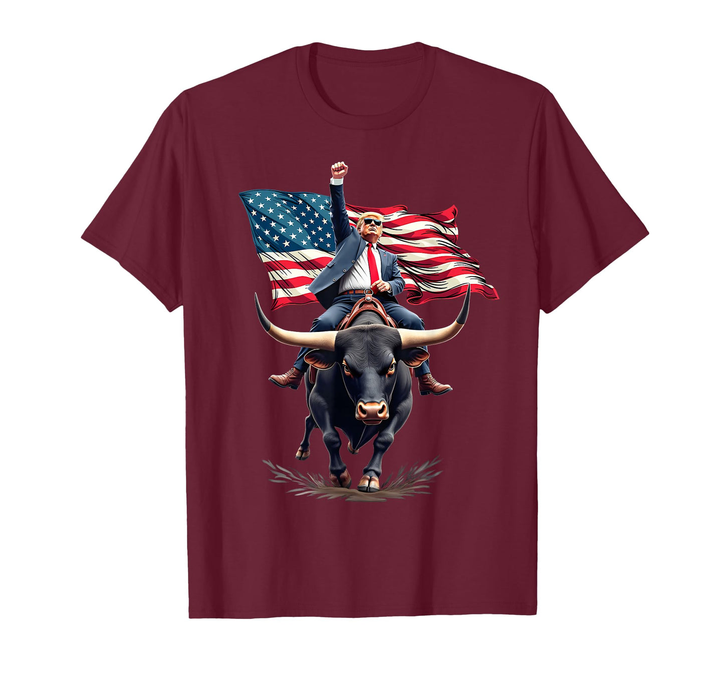 Trump 2024 Fist Pump Trump Riding Bull USA Flag T-Shirt