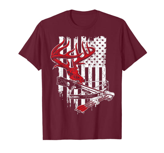 American Flag Archery Bow Hunting - Deer Skull Crossbow T-Shirt