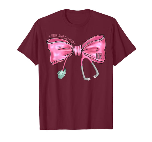 Coquette Bow Stethoscope Labor and Delivery Nurse RN Nursing T-Shirt