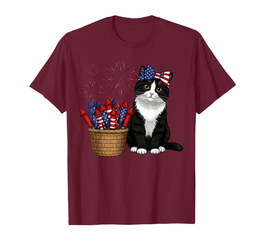 4th of July Cat and Fireworks Design for Men Women Kids T-Shirt
