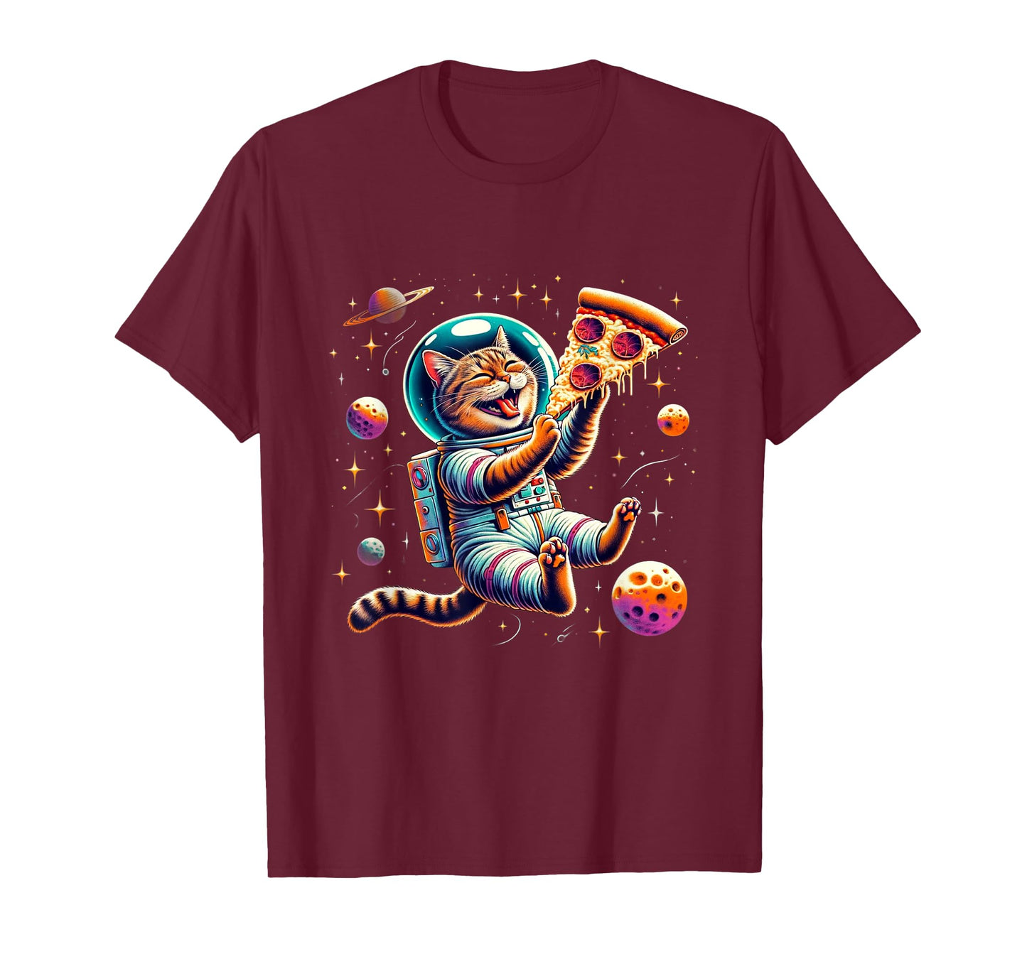 Funny Cat eating Pizza in space kitty Galaxy T-Shirt for Men Women Kids