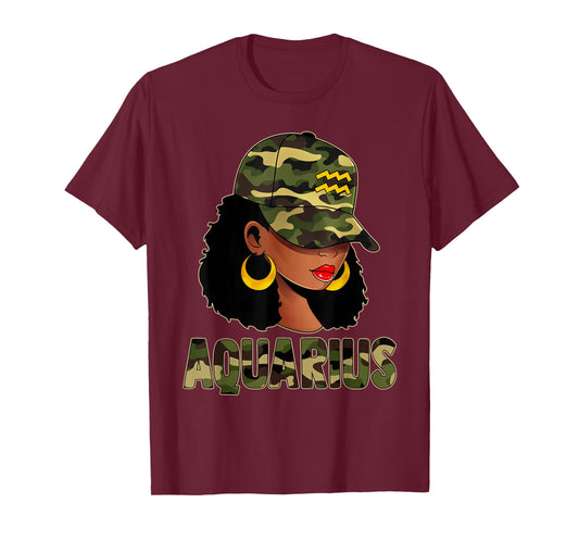 Aquarius Queen Camouflage Black Woman Cap Zodiac Sign T-Shirt