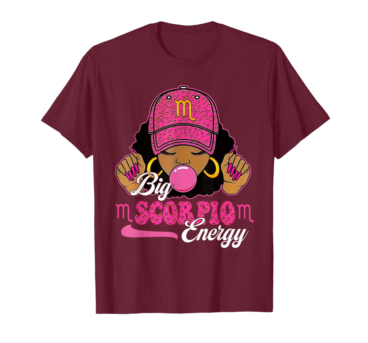 Big Scorpio Energy Black Girl with Pink Cap Zodiac Birthday T-Shirt