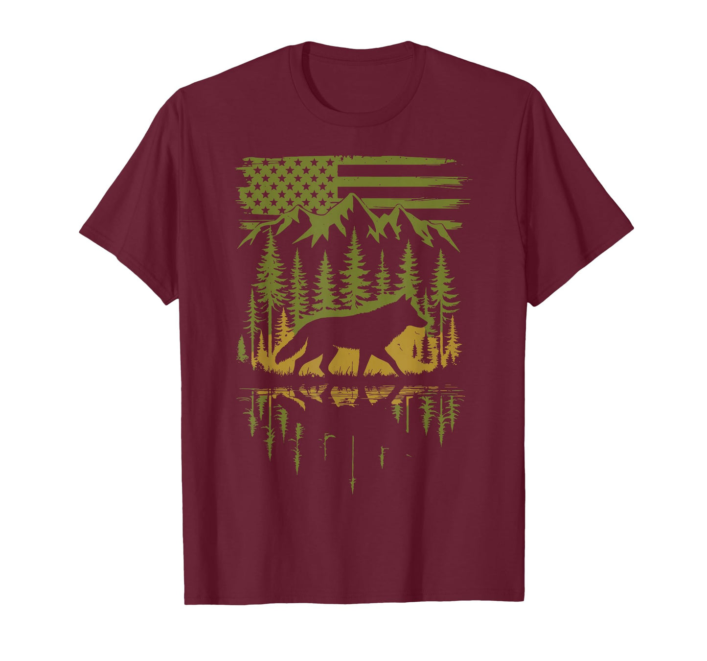 Wolf USA Flag Mountain Outdoor Wildlife Retro T-Shirt