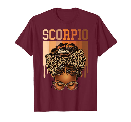 Scorpio Black Woman Leopard Messy Bun Melanin Girl Zodiac T-Shirt