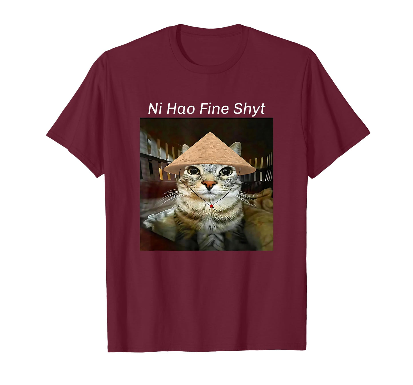 Ni Hao Fine Shyt Funny Silly Cat Meme Brain Red Staring Cat T-Shirt