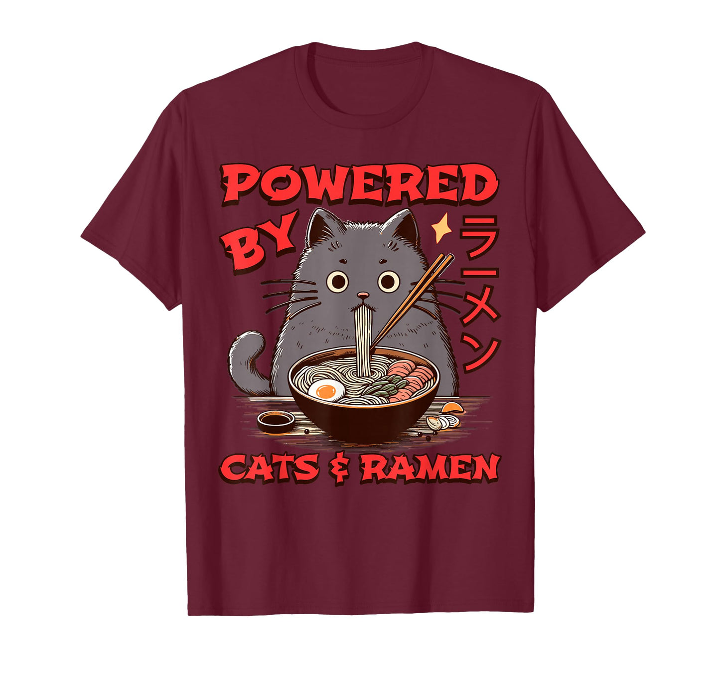 Powered by Cats and Ramen Funny Cat & Kittens Japanese Food T-Shirt