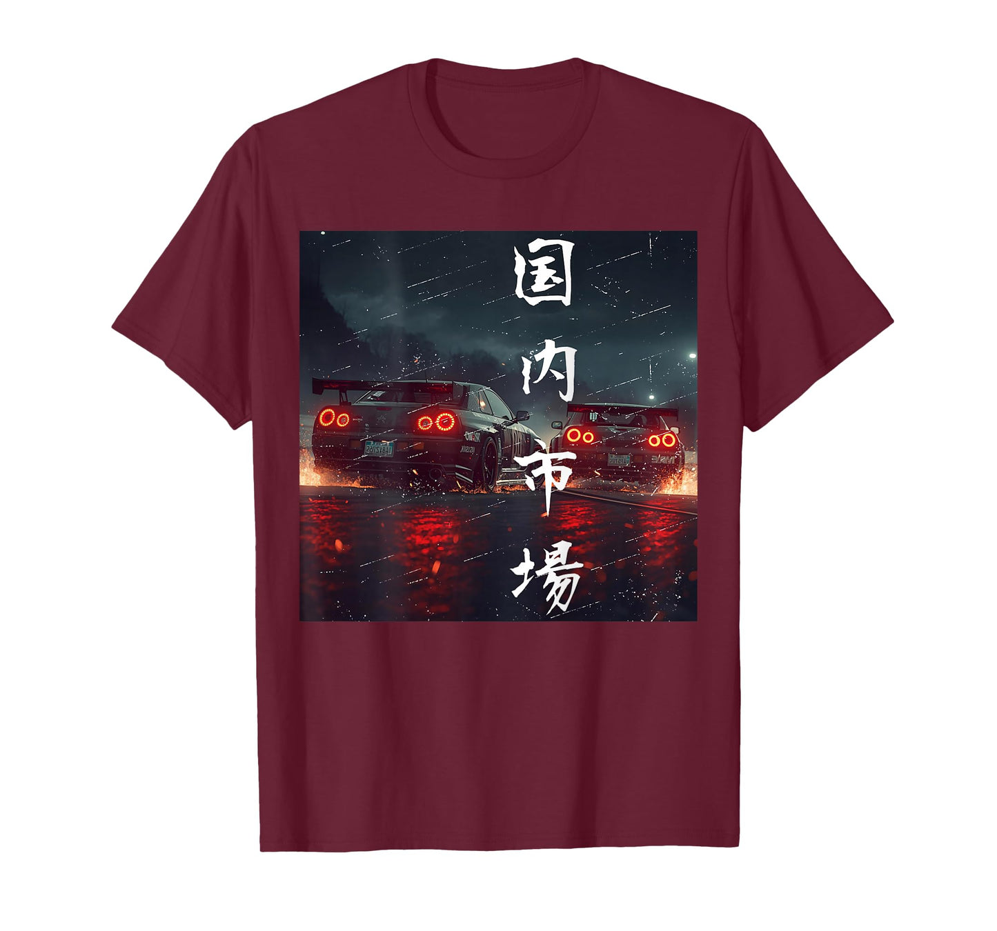 Backprint JDM Drift Race Cars Racing Rainy Night Scene Art T-Shirt