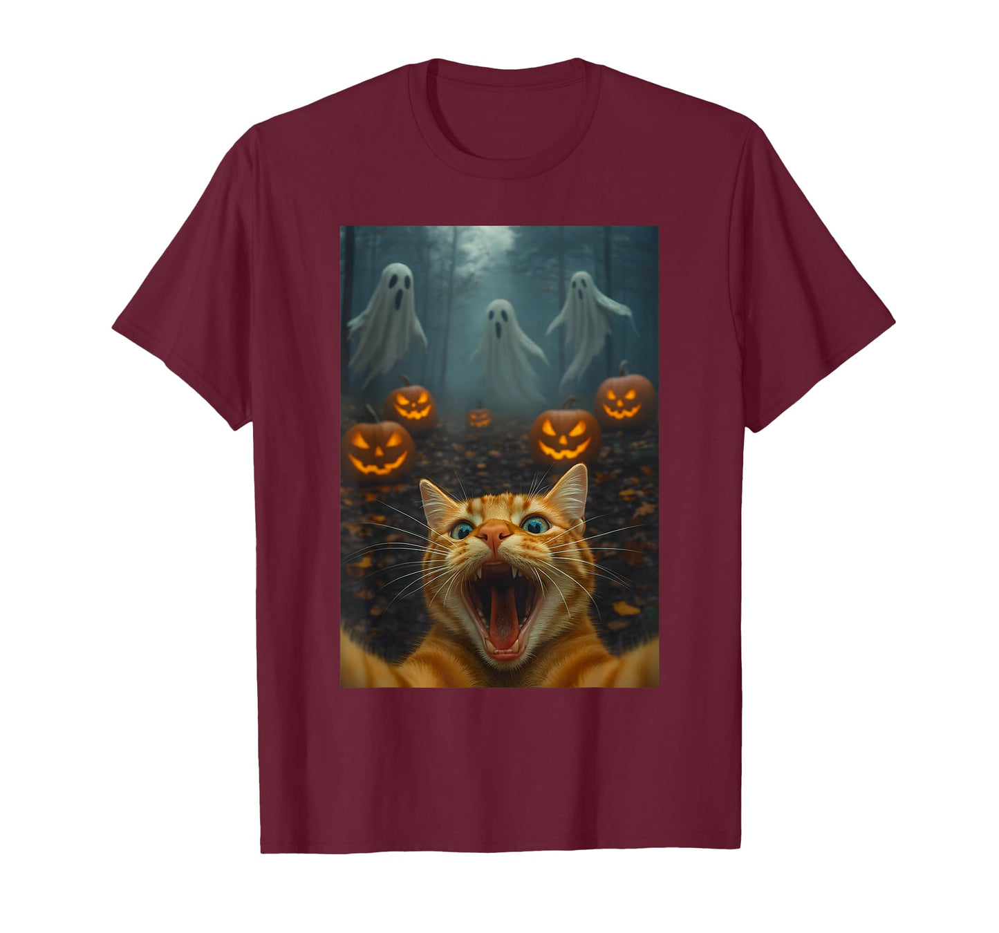 Spooky Halloween Funny Cat Selfie with Ghost Boo Pumpkin T-Shirt