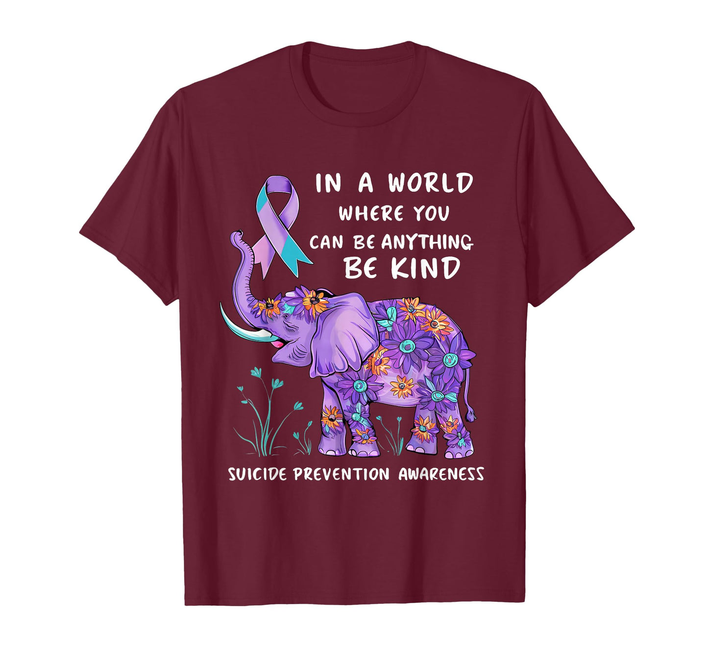 Suicide Prevention Awareness Elephant Teal & Purple Ribbon T-Shirt