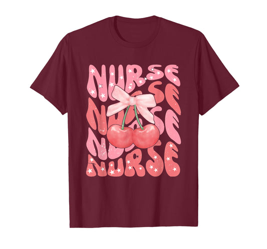 Cute Cherry Coquette Nurse Pink Bow Girlcore Nurse ICU ER RN T-Shirt