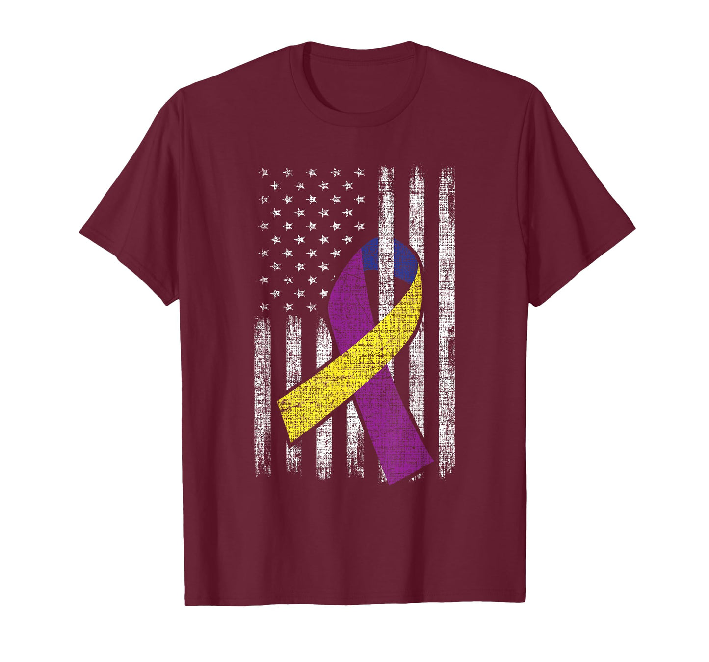 Bladder Cancer Awareness Purple Gold Ribbon American Flag Women Men T-Shirt