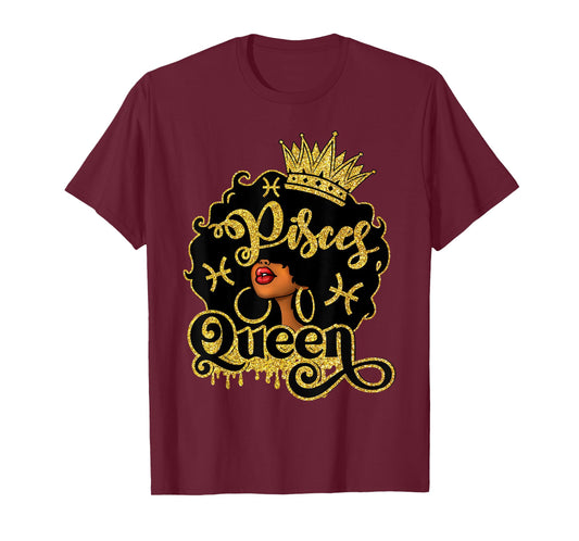 Pisces Queen Black Women Zodiac Birthday Afro Queen T-Shirt