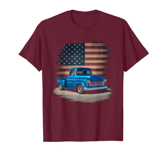 Classic Old Pickup Truck American Flag 4th of July Patriotic T-Shirt