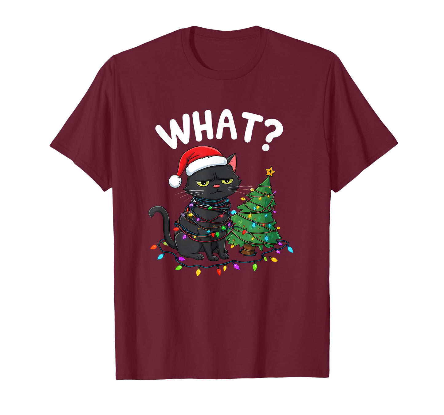 Funny Black Cat What? Christmas Tree Funny Cat Lover T-Shirt