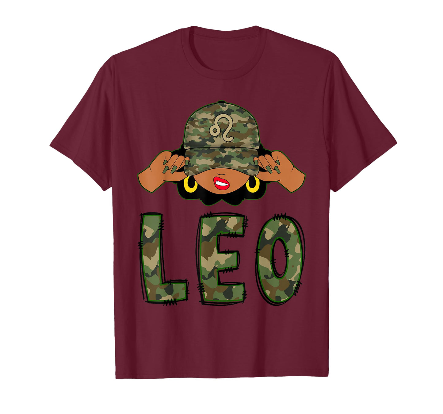 Leo Queen Black Woman With Camo Cap Afro Girl Zodiac T-Shirt