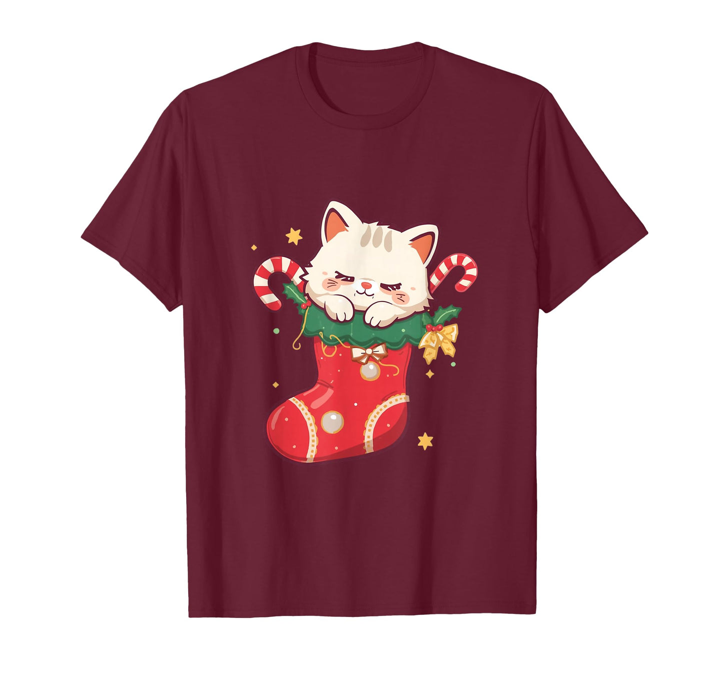 Cute Cat in Christmas Stocking Kawaii Anime Xmas Gift T-Shirt