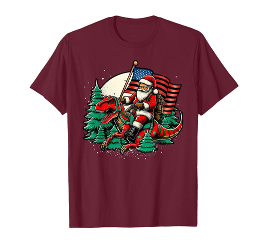 Santa Riding Dinosaur USA Flag T Rex Christmas T-Shirt