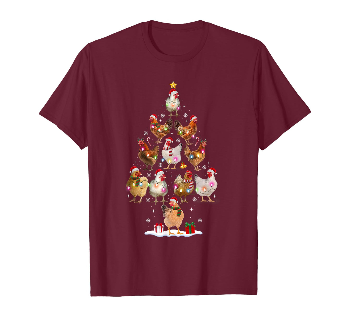 Chicken Christmas Tree Lights Santa Hat Funny Xmas Pajamas T-Shirt