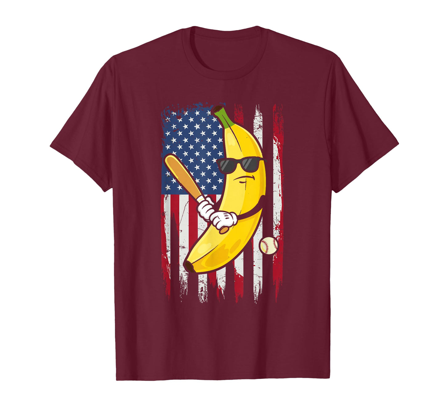 Banana Baseball Player on American Flag for Sports Fans T-Shirt