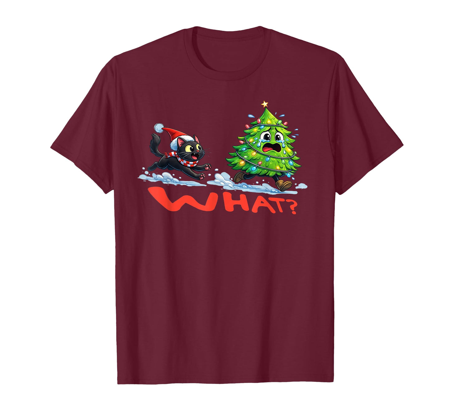 Funny Black Cat Gifts Chasing Christmas Tree Over Cat What? T-Shirt