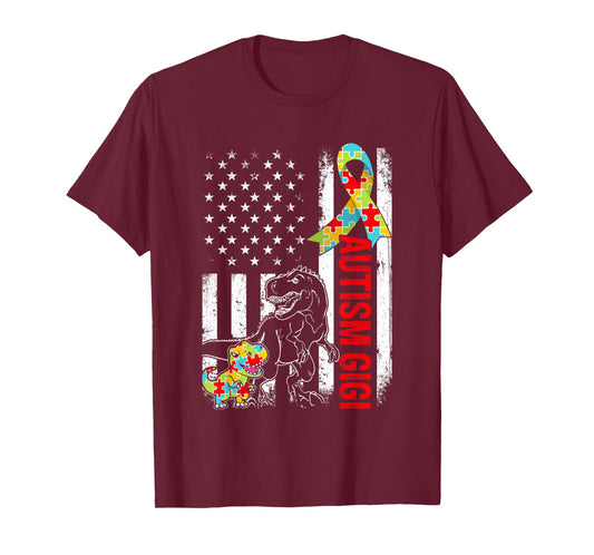 American Flag Autism Gigi Dinosaur Awareness Autistic Women Kids Men T-Shirt