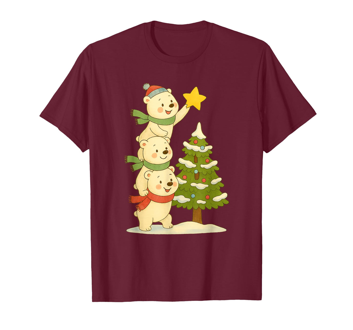 Cute Polar Bear Stacking Star on Tree Christmas T-Shirt
