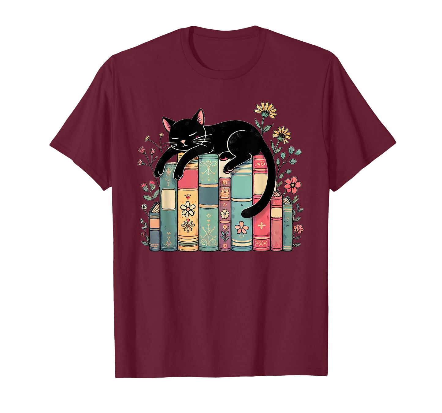 Floral Black Cat Sleeping On Books T-Shirt