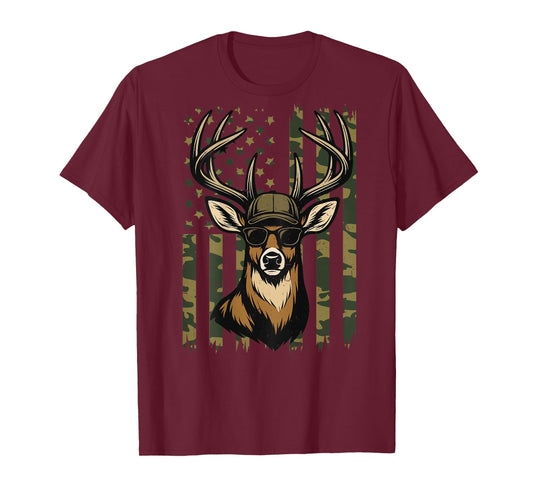 Men Camo Deer Hunting American Flag Whitetail Buck Youth Boy T-Shirt