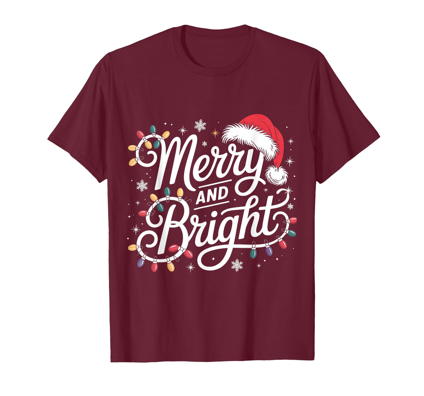 Merry and Bright Lights Red Santa Hat Xmas Family Men Women T-Shirt