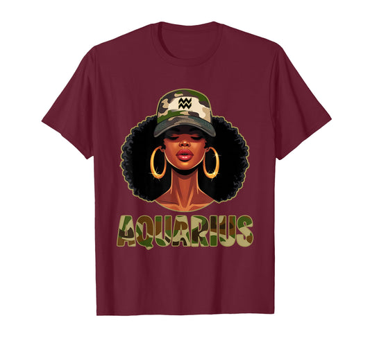 Aquarius Queen Black Woman with Cap Camo Afro Girl Zodiac T-Shirt