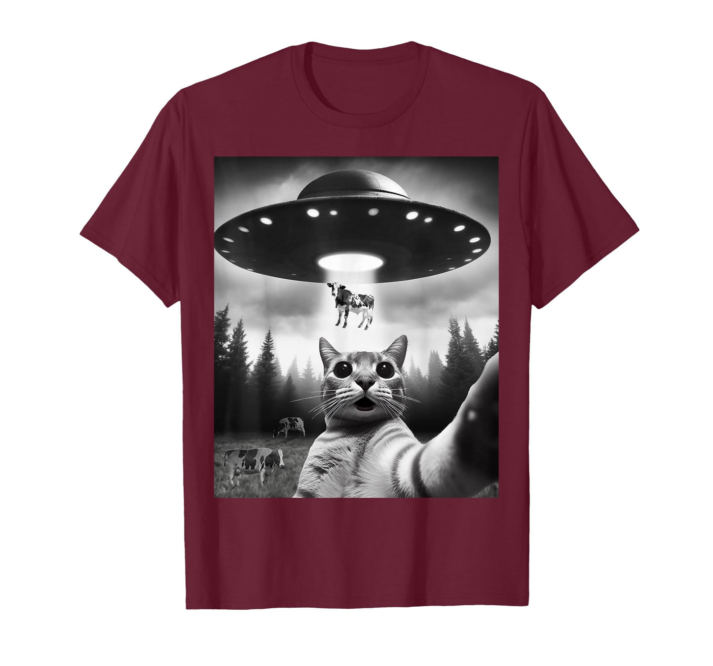 Funny Cat Selfie Flying Alien UFO Abducting Cow Cryptid Men Women Girls Kids T-Shirt