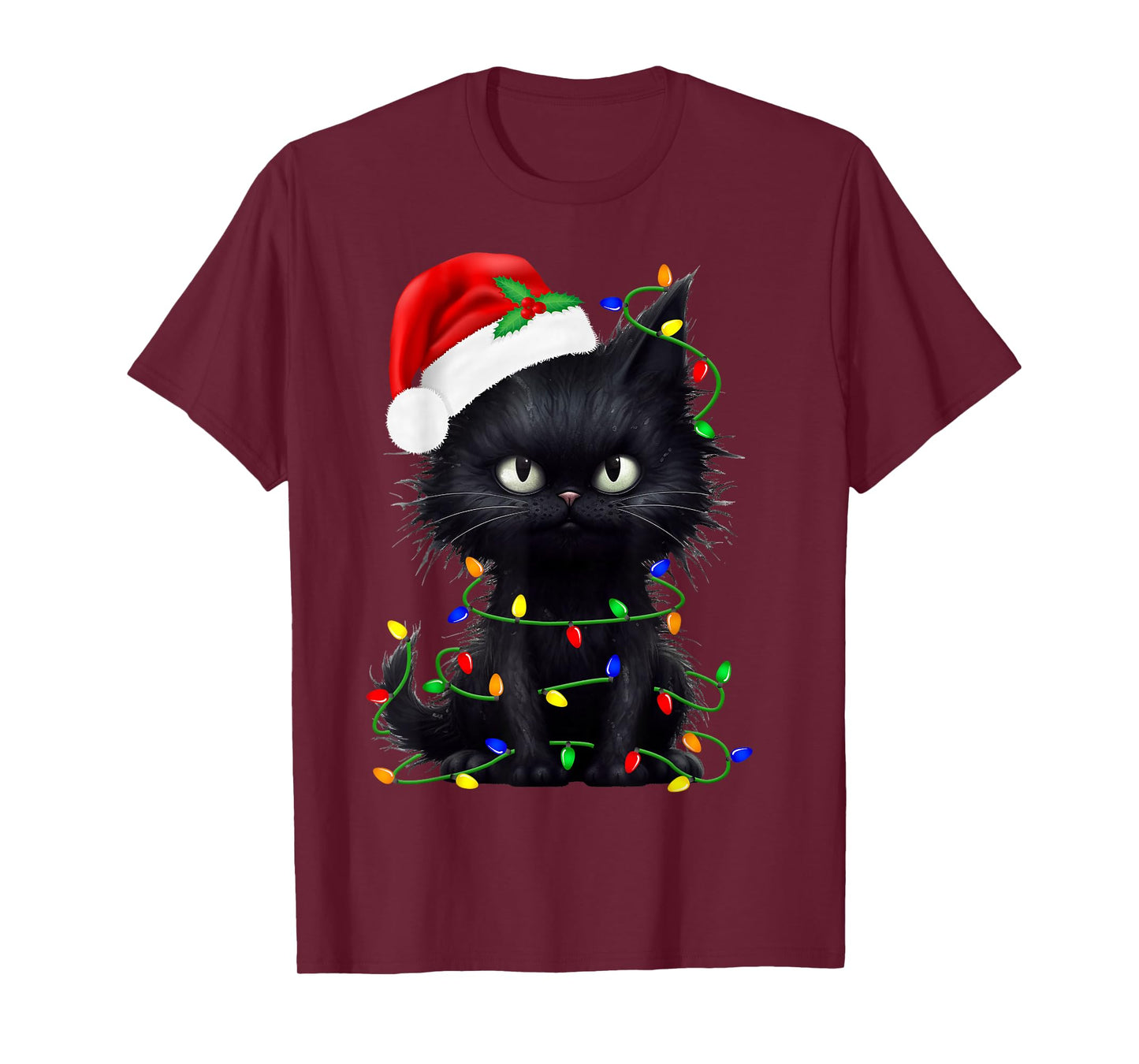 Retro Black Cat Christmas Light Funny Cat Men Women Kids T-Shirt