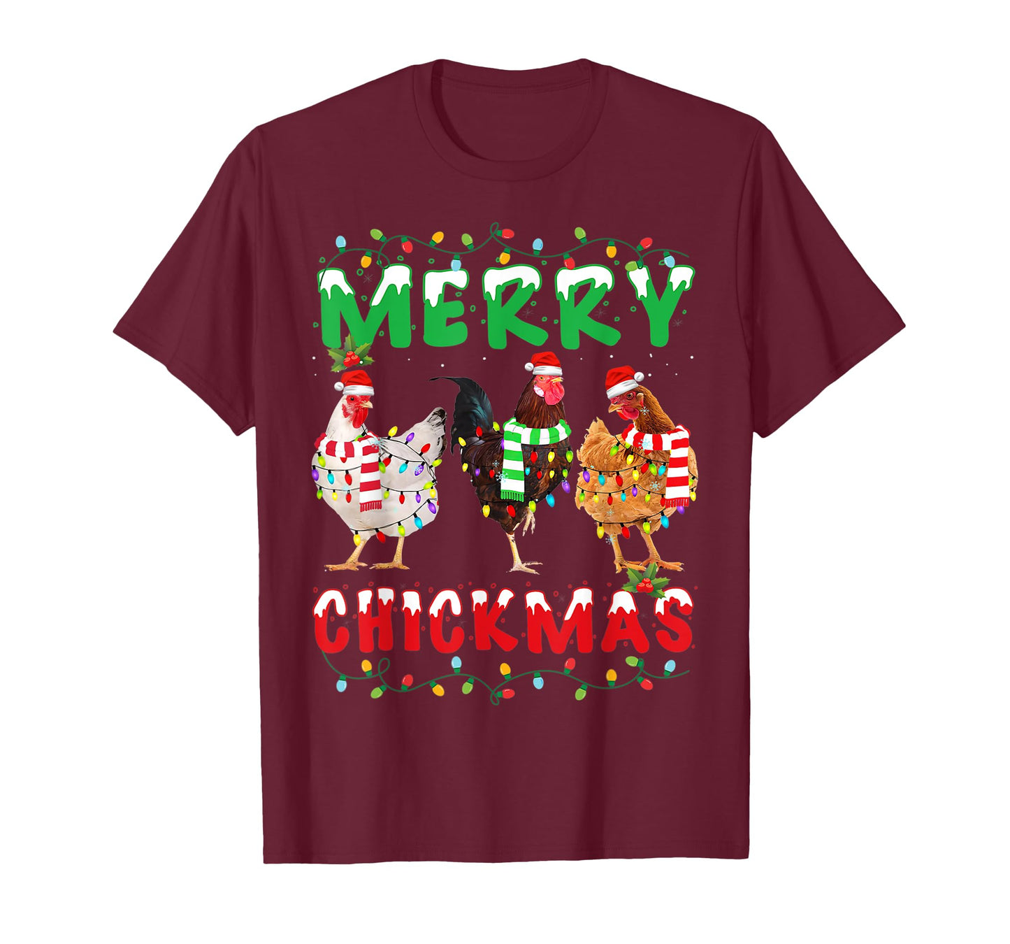 Merry Christmas Chicken Shirt Santa Hat Lights Funny Gift T-Shirt
