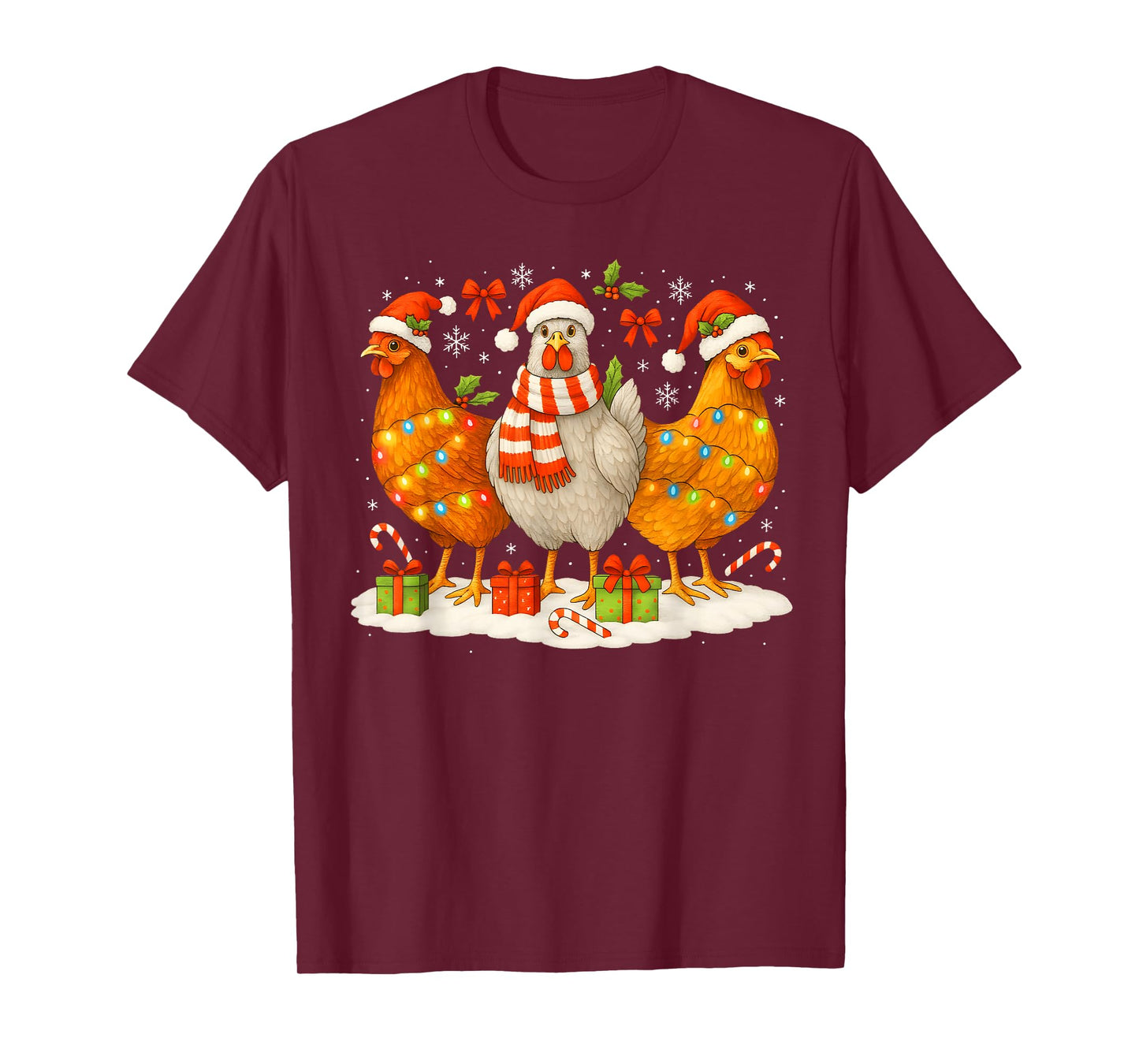 Chicken Christmas Lights Santa Hats Reindeer Funny Holiday T-Shirt