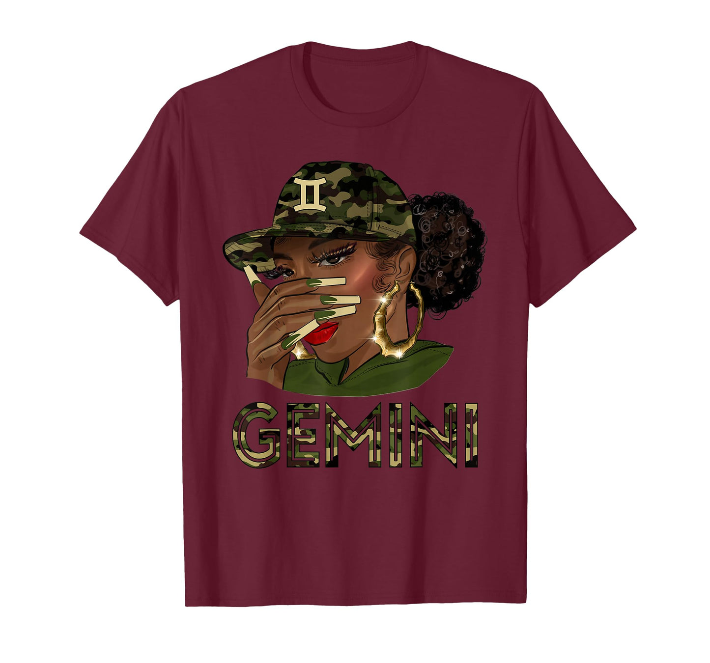 Gemini Queen Black Girl With Cap Camo Afro Woman Zodiac T-Shirt