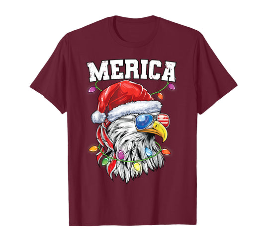 Merica Christmas Shirt Patriotic Veteran Santa Bald Eagle T-Shirt for Women Kids Men