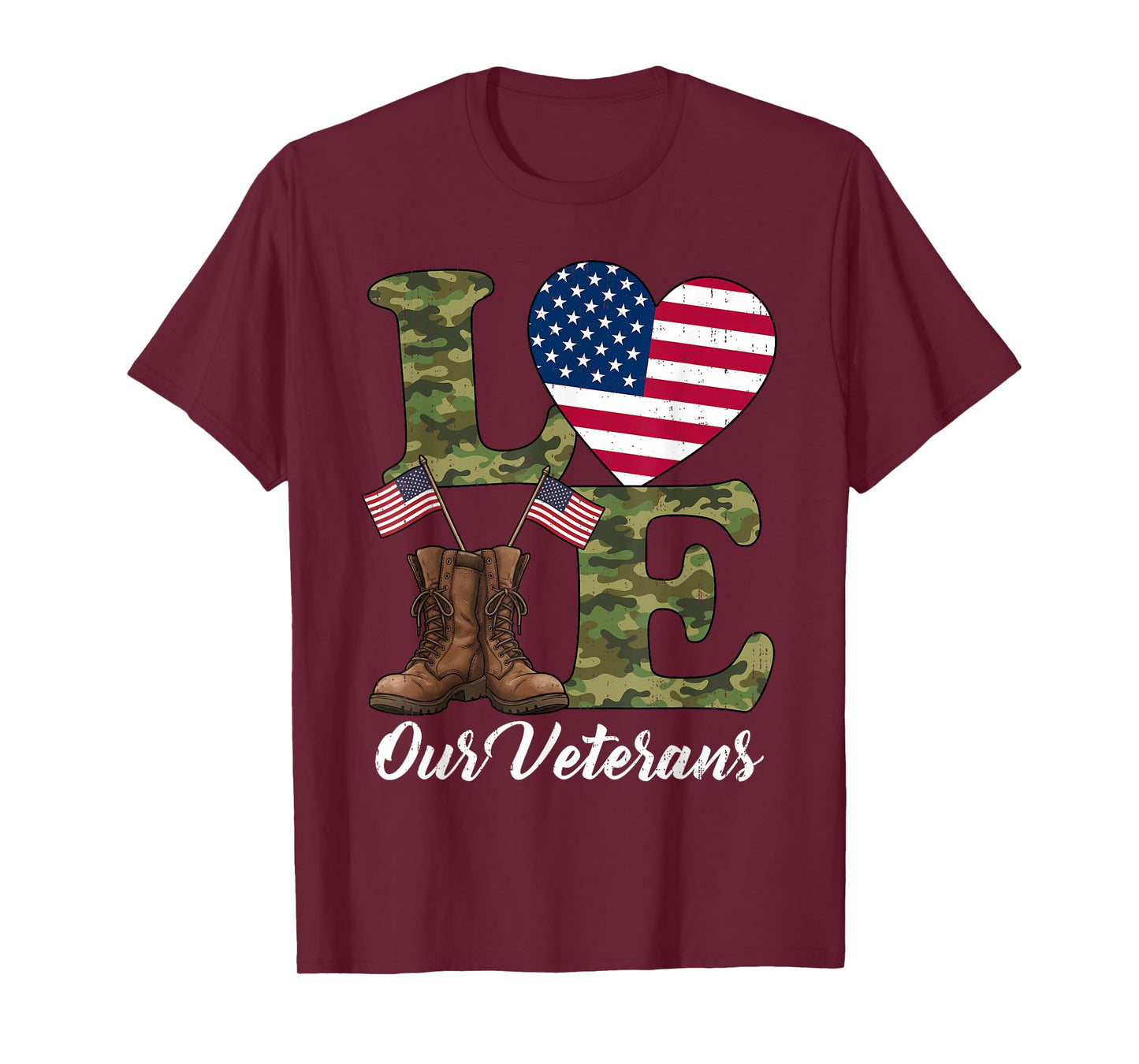 Love Our Veterans USA Flag Heart Patriotic Army Military T-Shirt