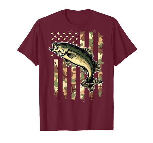 Fishing (on Back) Camouflage USA American Flag Fisherman T-Shirt